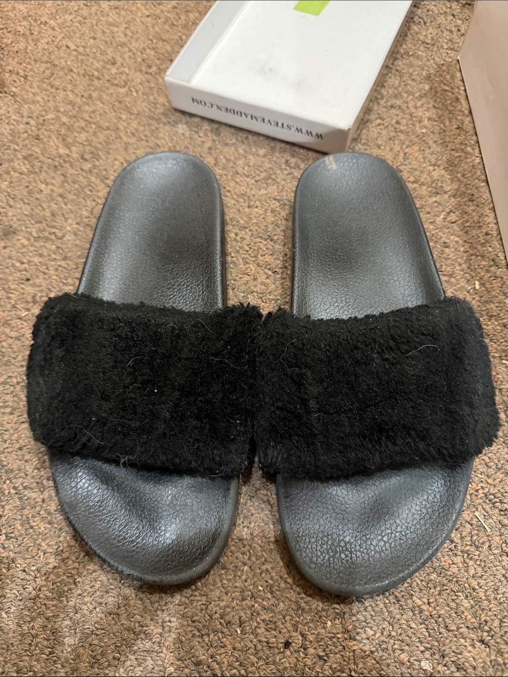 Steve Madden Black Faux-Fur Slide Sandals